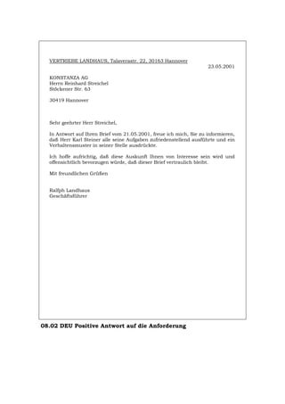 VERTRIEBE LANDHAUS, Talaverastr. 22, 30163 Hannover
23.05.2001
KONSTANZA AG
Herrn Reinhard Streichel
Stöckener Str. 63
30419 Hannover
Sehr geehrter Herr Streichel,
In Antwort auf Ihren Brief vom 21.05.2001, freue ich mich, Sie zu informieren,
daß Herr Karl Steiner alle seine Aufgaben zufriedenstellend ausführte und ein
Verhaltensmuster in seiner Stelle ausdrückte.
Ich hoffe aufrichtig, daß diese Auskunft Ihnen von Interesse sein wird und
offensichtlich bevorzugen würde, daß dieser Brief vertraulich bleibt.
Mit freundlichen Grüßen
Ralfph Landhaus
Geschäftsführer
08.02 DEU Positive Antwort auf die Anforderung
Português English Italiano Français Español
 
