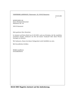 VERTRIEBE LANDHAUS, Talaverastr. 22, 30163 Hannover
23.05.200
1
KONSTANZA AG
Herrn Reinhard Streichel
Stöckener Str. 63
30419 Hannover
Sehr geehrter Herr Streichel,
In Antwort auf Ihren Brief von 21.05.2001 und aus Gründen, die Sie zweifellos
verstehen werden, bedauere ich Sie mit keiner Auskunft über diese Person
besorgen zu können.
Wir bedauern, Ihnen bei dieser Gelegenheit nicht behilflich zu sein.
Mit freundlichen Grüßen
Ralfph Landhaus
Geschäftsführer
08.03 DEU Negative Antwort auf die Anforderung
Português English Italiano Français Español
 
