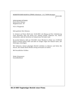 MARKTSTUDIEN KLEIN & LÖWEN, Köstlinstr. 115, 70499 Stuttgart
28.03.200
1
SPIELWAREN KÜNNER
Herrn Peter Künner
Magdalenenstr. 28
42111 Wuppertal
Sehr geehrter Herr Künner,
In Antwort auf Ihren Brief vom 10.03.2001 mit Bezug auf Ihre Anforderung
eines Berichtes über die Firma S.S. Andrew GmbH, bedauern wir, Ihnen
mitzuteilen, daß die Gerüchte in Umlauf zum Teil wahr sind.
Es wurde bekannt, daß am 5.02.2001 einen Wechsel in Hohe von 15.000,00
EUR zu Protest gehen ließt und daß vor einigen Tagen die Absicht hatte, alle
Zahlungen abzusagen.
Wir bedauern, keinen günstigen Bericht mitteilen zu können und bitten Sie
darum, den Inhalt dieses Briefes streng vertraulich zu halten.
Mit freundlichen Grüßen
Heike Grönemeyer
Geschäftsführer
08.10 DEU Ungünstiger Bericht einer Firma
Português English Italiano Français Español
 