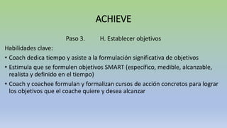 ACHIEVE
Paso 3. H. Establecer objetivos
Habilidades clave:
• Coach dedica tiempo y asiste a la formulación significativa de objetivos
• Estimula que se formulen objetivos SMART (específico, medible, alcanzable,
realista y definido en el tiempo)
• Coach y coachee formulan y formalizan cursos de acción concretos para lograr
los objetivos que el coache quiere y desea alcanzar
 