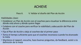 ACHIEVE
Paso 6. V. Validar el diseño del Plan de Acción
Habilidades clave:
• Establecer un Plan de Acción con el coachee para visualizar la diferencia entre
dónde está ahora y dónde quiere llegar
• Colabora con el coache para verificar la viabilidad y adecuación del Plan de
Acción
• Fija el Plan de Acción y deja al coachee dar el primer paso
• Toma el tiempo suficiente para que el coachee reconozca cuando ha alcanzado
la meta
• Mantiene el rapport, escucha, hace buenas preguntas, da feedback, asistir a la
definición de la meta
 