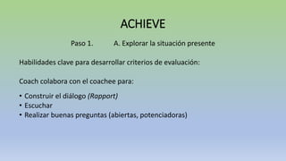 ACHIEVE
Paso 1. A. Explorar la situación presente
Habilidades clave para desarrollar criterios de evaluación:
Coach colabora con el coachee para:
• Construir el diálogo (Rapport)
• Escuchar
• Realizar buenas preguntas (abiertas, potenciadoras)
 