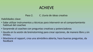 ACHIEVE
Paso 2. C. Lluvia de ideas creativa
Habilidades clave:
• Sabe utilizar instrumentos y técnicas para intervenir en el comportamiento
habitual del coachee
• Sorprende al coachee con preguntas creativas y potenciadoras
• Ayuda en la sesión de breinstorming para crear opciones, de manera libre y sin
límites.
• Mantiene el rapport, crea una atmósfera abierta, hace buenas preguntas, da
feedback
 