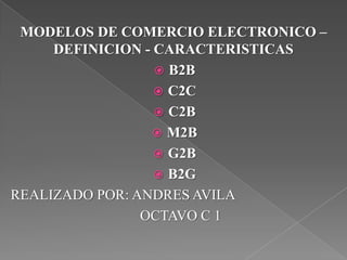 MODELOS DE COMERCIO ELECTRONICO –
     DEFINICION - CARACTERISTICAS
                   B2B
                   C2C
                   C2B
                   M2B
                   G2B
                   B2G
REALIZADO POR: ANDRES AVILA
                OCTAVO C 1
 