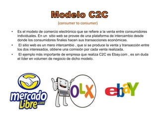• Es el modelo de comercio electrónico que se refiere a la venta entre consumidores 
individuales. En un sitio web se provee de una plataforma de intercambio desde 
donde los consumidores finales hacen sus transacciones económicas. 
• El sitio web es un mero intercambio , que si se produce la venta y transacción entre 
los dos interesados, obtiene una comisión por cada venta realizada. 
• El ejemplo más importante de empresa que realiza C2C es Ebay.com , es sin duda 
el líder en volumen de negocio de dicho modelo. 
 