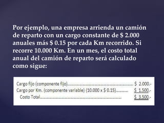 Por ejemplo, una empresa arrienda un camión
de reparto con un cargo constante de $ 2.000
anuales más $ 0.15 por cada Km recorrido. Si
recorre 10.000 Km. En un mes, el costo total
anual del camión de reparto será calculado
como sigue:
 