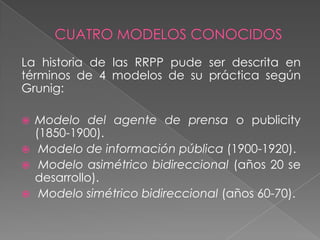 La historia de las RRPP pude ser descrita en
términos de 4 modelos de su práctica según
Grunig:

 Modelo del agente de prensa o publicity
  (1850-1900).
 Modelo de información pública (1900-1920).
 Modelo asimétrico bidireccional (años 20 se
  desarrollo).
 Modelo simétrico bidireccional (años 60-70).
 
