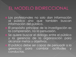  Los profesionales no solo dan información
  al público sino que también buscan
  información del público.
 El propósito principal de la investigación es
  la comprensión, no la persuasión.
 Se quiere buscar el diálogo entre el público
  y la gerencia de la organización para
  alcanzar metas y objetivos.
 El público debe ser capaz de persuadir a la
  gerencia para cambiar actitudes y
  conductas.
 