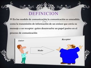DEFINICION
 En los modelo de comunicación la comunicación es entendida
como la transmisión de información de un emisor que envía su
mensaje a un receptor .quien desenvuelve un papel pasivo en el
proceso de comunicación
 