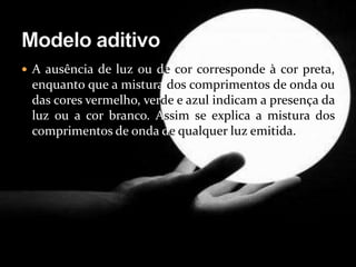 A ausência de luz ou de cor corresponde à cor preta, enquanto que a mistura dos comprimentos de onda ou das cores vermelho, verde e azul indicam a presença da luz ou a cor branco. Assim se explica a mistura dos comprimentos de onda dequalquer luz emitida. Modelo aditivo