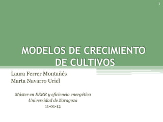 1




    MODELOS DE CRECIMIENTO
         DE CULTIVOS
Laura Ferrer Montañés
Marta Navarro Uriel

 Máster en EERR y eficiencia energética
       Universidad de Zaragoza
               11-01-12
 