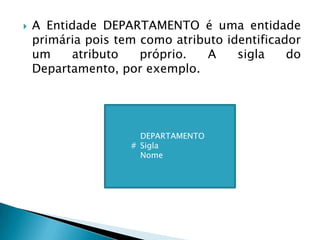  A Entidade DEPARTAMENTO é uma entidade
primária pois tem como atributo identificador
um atributo próprio. A sigla do
Departamento, por exemplo.
DEPARTAMENTO
# Sigla
Nome
 