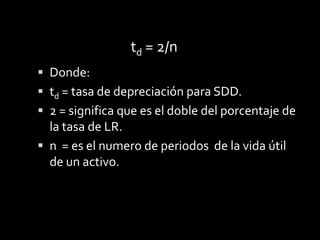 Para el primer año, la depreciación sería.			D1 = $150,000 (0.2752203) = $41,283.05El valor en libros al final del primer año.	VL1 = $150,000 - $41,283.05 = $108,716.95Con este valor de libros se calcularía la depreciación del activo para el segundo año.Para el segundo año, la depreciación sería.			D2 = $108,716.95 (0.2752203) = $29,921.12El valor en libros al final del segundo año.	VL2 = $108,716.95 - $29,921.12 = $78,795.83