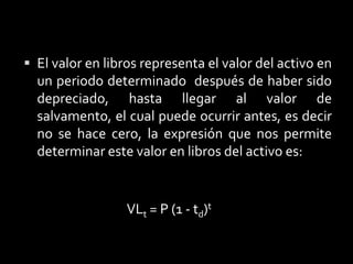 Donde:td= tasa de depreciación para SDD.2 = significa que es el doble del porcentaje de la tasa de LR. n  = es el numero de periodos  de la vida útil de un activo.td = 2/n	