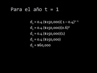 EJEMPLO.Se supone que se adquiere un automóvil en $150,000 y estimamos que su valor de salvamente dentro de cinco años será de $30,000, se quiere saber como se deprecia a través de los años y cuál es su depreciación acumulada correspondiente, utilizando el método de depreciación de saldo decreciente.