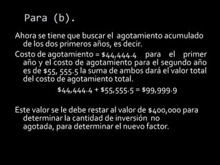 SoluciónPara (a).Utilizando la expresión (6.13) para calcular el valor del factor de agotamiento por cada año de utilización.Para t = 1	d1 = $400,000 / 180 millones = $2,222.22 	d1 = $2,222.22 millón de pies cúbicos de madera.