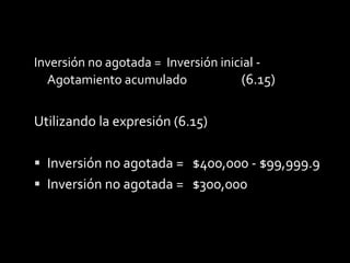 Si aplicamos la expresión (6.14), el costo de agotamiento para el año uno.Costo de agotamiento = $2,222.22 (20 millones de pies cúbicos)Costo de agotamiento = $44,444.4   por 20 millones de pies cúbicos