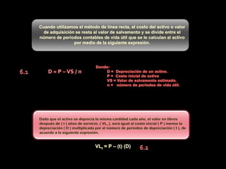 Es la vida restante(n) del activo o la vida útil en años, para fines de depreciación y del impuesto sobre la renta. Este valor puede ser diferente de la vida productiva estimada debido a que las leyes gubernamentales mexicanas  regulan los periodos de recuperación y depreciación permisibles.Periodo de recuperacionEs uno de los dos tipos de propiedad para los cuales se permite la depreciación, está constituido por las posiciones tangibles de una empresa, como maquinaria productiva, equipos de oficina, conmutadores, muebles de oficina, etc., es decir, el activo fijo.Propiedad ParticularEs la fracción del costo inicial que se elimina por depreciación cada año. Tasa de depreciacionIncluye todos los edificios, terrenos y mejoras a éstos y tipos similares de propiedad, bodegas, naves industriales, oficinas, estacionamientos, etc.Propiedad RealEs el valor en libros del activo o el valor estimado en el mercado al final de la vida útil del activo. Valor de Salvamento