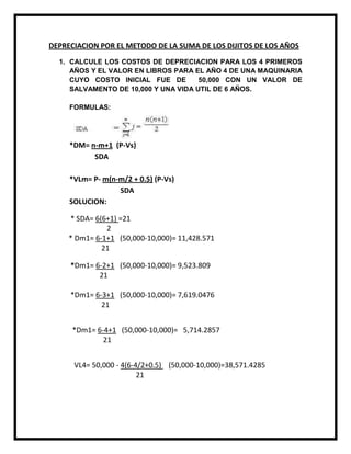 DEPRECIACION POR EL METODO DE LA SUMA DE LOS DIJITOS DE LOS AÑOS
  1. CALCULE LOS COSTOS DE DEPRECIACION PARA LOS 4 PRIMEROS
     AÑOS Y EL VALOR EN LIBROS PARA EL AÑO 4 DE UNA MAQUINARIA
     CUYO COSTO INICIAL FUE DE        50,000 CON UN VALOR DE
     SALVAMENTO DE 10,000 Y UNA VIDA UTIL DE 6 AÑOS.

     FORMULAS:




     *DM= n-m+1 (P-Vs)
           SDA

     *VLm= P- m(n-m/2 + 0.5) (P-Vs)
                  SDA
     SOLUCION:

     * SDA= 6(6+1) =21
               2
     * Dm1= 6-1+1 (50,000-10,000)= 11,428.571
              21

     *Dm1= 6-2+1 (50,000-10,000)= 9,523.809
            21

     *Dm1= 6-3+1 (50,000-10,000)= 7,619.0476
             21


      *Dm1= 6-4+1 (50,000-10,000)= 5,714.2857
              21


      VL4= 50,000 - 4(6-4/2+0.5) (50,000-10,000)=38,571.4285
                         21
 