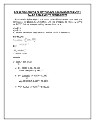DEPRECIACIÓN POR EL MÉTODO DEL SALDO DECRECIENTE Y
           SALDO DOBLEMENTE DECRECIENTE
1.-La compañía Hylsa adquirió una unidad para calificar metales controlados por
computador por $80000. La unidad tiene una vida anticipada de 10 años y un VS
de $10000. Calcule su depreciación y valor en libros para

a) AÑO 1
b) AÑO 3
C) valor de salvamento después de 12 años de utilizar el método SDD

FORMULAS:



Dm=




Solución:

d= 200% = 20% anual
    10

  a) D1= 80000 (0.20)= 16,000
     VL1=80,000 (1-0.20)1 = 64,000

  b) D3= 2(80,000) (1-0.20)² =10,240
              10
                           3
     VL3= 80,000 (1-0.20) = 40,960


  c) Vs= 80,000 (1-0.20)10 =8,589.93
 