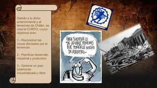Debido a lo dicho
anteriormente y al
terremoto de Chillán, se
crea la CORFO, cuyos
objetivos eran:
1.- Reconstruir las
zonas afectadas por el
terremoto
2.- Planificar desarrollo
industrial y productivo
3.- Generar un país
totalmente
industrializado y libre
 