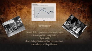 CONSECUENCIAS
- La caída de las exportaciones de materias primas
- Grandes pérdidas en agricultura
- Bajos sueldos
- Parte de la población quedó en extrema miseria,
asechados por el frío y el hambre
 