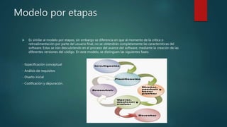 Modelo por etapas
 Es similar al modelo por etapas, sin embargo se diferencia en que al momento de la crítica o
retroalimentación por parte del usuario final, no se obtendrán completamente las características del
software. Estas se irán descubriendo en el proceso del avance del software, mediante la creación de las
diferentes versiones del código. En este modelo, se distinguen las siguientes fases:
- Especificación conceptual
- Análisis de requisitos
- Diseño inicial
- Codificación y depuración.
 