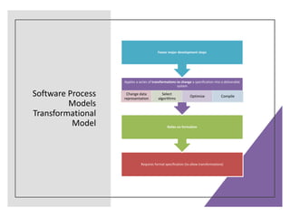Software Process
Models
Transformational
Model
Requires formal specification (to allow transformations)
Relies on formalism
Applies a series of transformations to change a specification into a deliverable
system
Change data
representation
Select
algorithms
Optimize Compile
Fewer major development steps
 
