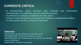 CORRENTE CRÍTICA
 A característica desta corrente está centrada nos fenômenos
educacionais, na realidade social e cultural do aluno;
 O professor se adapta a realidade de cada aluno;
 Ensinar nesta perspectiva não pode ser limitado ao julgamento prático;
 A crítica tenta resolver a teoria da oposição
DIMENSÕES
OBJETIVOS: eles se adaptam à realidade social.
EXPERIÊNCIAS: Criado por professor e aluno
ORGANIZAÇÃO: são selecionados da cultura e da realidade
social e individual.
AVALIAÇÃO: somativa e formativa
 