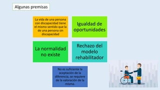 La vida de una persona
con discapacidad tiene
el mismo sentido que la
de una persona sin
discapacidad
Igualdad de
oportunidades
La normalidad
no existe
Rechazo del
modelo
rehabilitador
No es suficiente la
aceptación de la
diferencia, se requiere
de la valoración de la
misma.
Algunas premisas
 