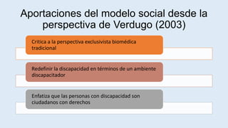 Aportaciones del modelo social desde la
perspectiva de Verdugo (2003)
Critica a la perspectiva exclusivista biomédica
tradicional
Redefinir la discapacidad en términos de un ambiente
discapacitador
Enfatiza que las personas con discapacidad son
ciudadanos con derechos
 