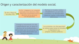 Origen y caracterización del modelo social.
Se dio a fines de
los años 70’s
En E.U. e Inglaterra con campañas
asociadas a los derechos civiles,
dieron pie al movimiento de los
derechos de las personas
con discapacidad.
Rechazo al modelo médico
rehabilitatorio: ya que éste
considera a la discapacidad
como un cuerpo o una mente
defectuosa.
Los activistas con discapacidad
se unieron para tomar la iniciativa
e impulsaron sus
propios cambios políticos.
Emergió el movimiento de vida
independiente que se opuso al
dominio de los profesionales y
demandaba que las personas con
discapacidad desarrollen sus
propios servicios.
 