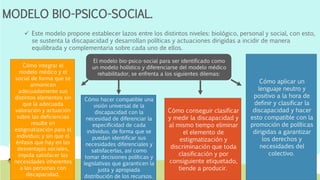 MODELO BIO-PSICO-SOCIAL.
 Este modelo propone establecer lazos entre los distintos niveles: biológico, personal y social, con esto,
se sustenta la discapacidad y desarrollan políticas y actuaciones dirigidas a incidir de manera
equilibrada y complementaria sobre cada uno de ellos.
El modelo bio-psico-social para ser identificado como
un modelo holístico y diferenciarse del modelo médico
rehabilitador, se enfrenta a los siguientes dilemas:
Cómo integrar el
modelo médico y el
social de forma que se
armonicen
adecuadamente sus
distintos elementos sin
que la adecuada
valoración y actuación
sobre las deficiencias
resulte en
estigmatización para el
individuo; y sin que el
énfasis que hay en las
desventajas sociales,
impida satisfacer las
necesidades inherentes
a las personas con
discapacidad.
Cómo hacer compatible una
visión universal de la
discapacidad con la
necesidad de diferenciar la
especificidad de cada
individuo, de forma que se
puedan identificar sus
necesidades diferenciales y
satisfacerlas, así como
tomar decisiones políticas y
legislativas que garanticen la
justa y apropiada
distribución de los recursos.
Cómo conseguir clasificar
y medir la discapacidad y
al mismo tiempo eliminar
el elemento de
estigmatización y
discriminación que toda
clasificación y por
consiguiente etiquetado,
tiende a producir.
Cómo aplicar un
lenguaje neutro y
positivo a la hora de
definir y clasificar la
discapacidad y hacer
esto compatible con la
promoción de políticas
dirigidas a garantizar
los derechos y
necesidades del
colectivo.
 