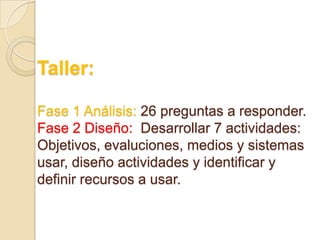 Taller:
Fase 1 Análisis: 26 preguntas a responder.
Fase 2 Diseño: Desarrollar 7 actividades:
Objetivos, evaluciones, medios y sistemas
usar, diseño actividades y identificar y
definir recursos a usar.
 