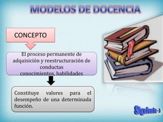 CONCEPTO

    El proceso permanente de
adquisición y reestructuración de
            conductas
   conocimientos, habilidades


Constituye valores para el
desempeño de una determinada
función.
 