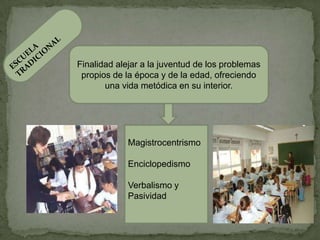 Finalidad alejar a la juventud de los problemas
 propios de la época y de la edad, ofreciendo
       una vida metódica en su interior.




             Magistrocentrismo

             Enciclopedismo

             Verbalismo y
             Pasividad
 