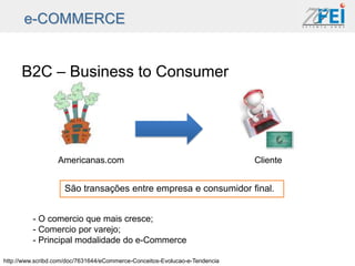 e-COMMERCE


      B2C – Business to Consumer




                  Americanas.com                                             Cliente


                    São transações entre empresa e consumidor final.


          - O comercio que mais cresce;
          - Comercio por varejo;
          - Principal modalidade do e-Commerce

http://www.scribd.com/doc/7631644/eCommerce-Conceitos-Evolucao-e-Tendencia
 