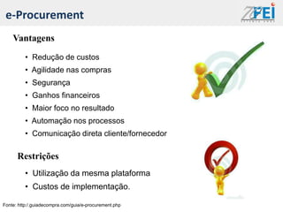 e-Procurement
    Vantagens
          • Redução de custos
          • Agilidade nas compras
          • Segurança
          • Ganhos financeiros
          • Maior foco no resultado
          • Automação nos processos
          • Comunicação direta cliente/fornecedor

      Restrições
          • Utilização da mesma plataforma
          • Custos de implementação.

Fonte: http:/.guiadecompra.com/guia/e-procurement.php
 