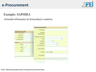 e-Procurement

   Exemplo: SAPHIRA
    Incluindo informações de fornecedores e matérias.




Fonte: http//www.guiadecompra.com/guia/e-procurement.php
 