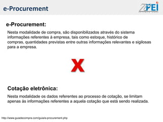 e-Procurement

   e-Procurement:
    Nesta modalidade de compra, são disponibilizados através do sistema
    informações referentes à empresa, tais como estoque, histórico de
    compras, quantidades previstas entre outras informações relevantes e sigilosas
    para a empresa.




    Cotação eletrônica:
    Nesta modalidade os dados referentes ao processo de cotação, se limitam
    apenas às informações referentes a aquela cotação que está sendo realizada.



http://www.guiadecompra.com/guia/e-procurement.php
 