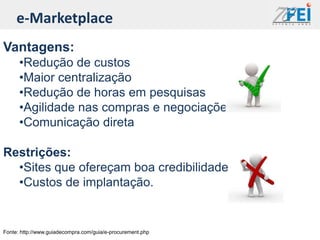 e-Marketplace
Vantagens:
      •Redução de custos
      •Maior centralização
      •Redução de horas em pesquisas
      •Agilidade nas compras e negociações
      •Comunicação direta

Restrições:
  •Sites que ofereçam boa credibilidade
  •Custos de implantação.


Fonte: http://www.guiadecompra.com/guia/e-procurement.php
 