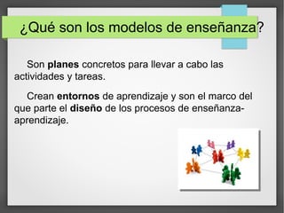 ¿Qué son los modelos de enseñanza?
Son planes concretos para llevar a cabo las
actividades y tareas.
Crean entornos de aprendizaje y son el marco del
que parte el diseño de los procesos de enseñanza-
aprendizaje.
 