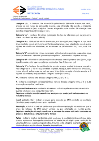 ESTADO DE GOIÁS
SECRETARIA DE ESTADO DE SEGURANÇA PÚBLICA Resolução 267/08
DETRAN-GO CONTRAN
DEPARTAMENTO ESTADUAL DE TRÂNSITO DE GOIÁS
Diretoria de Operações
Gerência de Credenciamento e Controle/Ψ Setor de Psicologia
Categoria “ACC” – condutor com autorização para conduzir veículo de duas ou três rodas,
provido de um motor de combustão interna, cuja cilindrada não exceda a cinqüenta
centímetros cúbicos (3,05 polegadas cúbicas) e cuja velocidade máxima de fabricação não
exceda a cinqüenta quilômetros por hora.
Categoria “A” – condutor de veículo motorizado de duas ou três rodas com ou sem carro
lateral ( ex: triciclos e motocicletas).
Categoria “B”- condutor de veículo motorizado, não abrangido pela categoria A, cujo peso
bruto total não exceda a três mil e quinhentos quilogramas e cuja lotação não exceda a oito
lugares, excluindo o do motorista ( ex: automóveis de passeio como Gol, Corsa, D20, S10
etc)
Categoria “C”- condutor de veículo motorizado utilizado em transporte de carga cujo o peso
bruto total exceda a três mil e quinhentos quilogramas ( ex:caminhão simples e outros)
Categoria “D”- condutor de veículo motorizado utilizado no transporte de passageiros, cuja
lotação exceda a oito lugares, excluindo o motorista ( ex; ônibus, van etc)
Categoria “E”- Condutor de combinação de veículos e que a unidade tratora se enquadre
nas categorias B, C ou D e cuja unidade acoplada, reboque, semi-reboque ou articulada,
tenha seis mil quilogramas ou mais de peso bruto total, ou cuja a lotação exceda a 8
lugares, ou ainda seja enquadrado na categoria trailer (ex. carreta)
Nº. - indicar o número total de cada categoria (ACC, A, B, C, D, E).
% - indicar a porcentagem correspondente ao número de cada categoria (ACC, A, B, C, D, E)
em relação ao total de candidatos.
Segundas Vias Fornecidas – refere-se aos exames realizados pelas entidades credenciadas
quando solicitados para a segunda via da CNH.
Exige-se a avaliação psicológica conforme a natureza do serviço solicitado constante no
fomulário Renach.
Inicial (primeira via) – indicar o serviço para obtenção de CNH prestado ao candidato
(brasileiro ou estrangeiro) nunca antes habilitado.
Renovação – indicar o total de candidatos que solicitam renovação nos casos em que o
prazo de validade da CNH estiver vencido ou por solicitação do médico perito.
Exige-se a avaliação psicológica conforme a natureza do serviço solicitado constante no
processo de habilitação e/ou formulário Renach.
Aptos – indicar o total de candidatos aptos sendo que o candidato será considerado apto
quando apresentar desempenho condizente na avaliação psicológica para condução de
veículo automotor na categoria pretendida. Inclui-se nesta categoria o candidato apto com
diminuição do prazo de validade da avaliação psicológica.
Av. Altamiro Moura Pacheco, Nº 109 Lt.03 Qd.236 2º andar Cidade Jardim – 74.423-010 – GOIÂNIA–GO
Fone (062) 3201-4734, Fax (062) 3201-4735
e-mail: detrangopsicologia@gmail.com
 