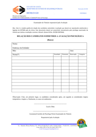 ESTADO DE GOIÁS
SECRETARIA DE ESTADO DE SEGURANÇA PÚBLICA Resolução 267/08
DETRAN-GO CONTRAN
DEPARTAMENTO ESTADUAL DE TRÂNSITO DE GOIÁS
Diretoria de Operações
Gerência de Credenciamento e Controle/Ψ Setor de Psicologia
Examinador de Trânsito responsável pela Avaliação
Obs.: Este é o modelo padrão de relação dos candidatos submetidos à avaliação que deverá ser reproduzido substituindo o
logotipo do DETRAN pelo da clínica. Este documento deverá ser preenchido mensalmente pelo psicólogo examinador de
trânsito que realizou a avaliação e assinou o Renach. (Anexo XX Res. 267/08 CONTRAN).
RELAÇÃO DOS CANDIDATOS SUBMETIDOS A AVALIAÇÃO PSICOLÓGICA
(Banca)
Nome:
Endereço da Entidade:
Mês: Ano:
Nome(*) Resultado Permissão Renovação Categoria
Observação: Citar, em primeiro lugar, os candidatos considerados aptos, em seguida os considerados inaptos
temporários e inaptos e, finalmente, os casos em andamento.
___________________________________
Local e Data
_____________________________________
Assinatura/Carimbo do Psicólogo Perito Examinador de Trânsito
Responsável pela Avaliação
Av. Altamiro Moura Pacheco, Nº 109 Lt.03 Qd.236 2º andar Cidade Jardim – 74.423-010 – GOIÂNIA–GO
Fone (062) 3201-4734, Fax (062) 3201-4735
e-mail: detrangopsicologia@gmail.com
 