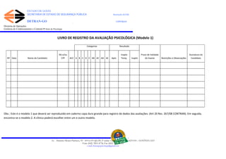 ESTADO DE GOIÁS
SECRETARIA DE ESTADO DE SEGURANÇA PÚBLICA Resolução 267/08
DETRAN-GO CONTRAN
DEPARTAMENTO ESTADUAL DE TRÂNSITO DE GOIÁS
Diretoria de Operações
Gerência de Credenciamento e Controle/Ψ Setor de Psicologia
LIVRO DE REGISTRO DA AVALIAÇÃO PSICOLÓGICA (Modelo 1)
Obs.: Este é o modelo 1 que deverá ser reproduzido em caderno capa dura grande para registro de dados das avaliações. (Art 20 Res. 267/08 CONTRAN). Em seguida,
encontra-se o modelo 2. A clínica poderá escolher entre um e outro modelo.
Av. Altamiro Moura Pacheco, Nº 109 Lt.03 Qd.236 2º andar Cidade Jardim – 74.423-010 – GOIÂNIA–GO
Fone (062) 3201-4734, Fax (062) 3201-4735
e-mail: detrangopsicologia@gmail.com
Categorias Resultado
Prazo de Validade
do Exame Restrições e Observações
Assinatura do
CandidatoNº Data Nome do Candidato
RG e/ou
CPF ACC A B C D E AB AC AD AE Apto
Inapto
Temp. Inapto
 
