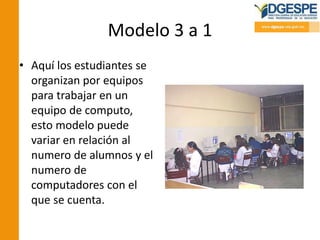 Modelo 3 a 1
• Aquí los estudiantes se
organizan por equipos
para trabajar en un
equipo de computo,
esto modelo puede
variar en relación al
numero de alumnos y el
numero de
computadores con el
que se cuenta.
 