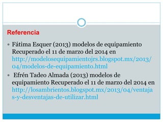 Referencia
 Fátima Esquer (2013) modelos de equipamiento
Recuperado el 11 de marzo del 2014 en
http://modelosequipamientojrs.blogspot.mx/2013/
04/modelos-de-equipamiento.html
 Efrén Tadeo Almada (2013) modelos de
equipamiento Recuperado el 11 de marzo del 2014 en
http://losambrientos.blogspot.mx/2013/04/ventaja
s-y-desventajas-de-utilizar.html
 