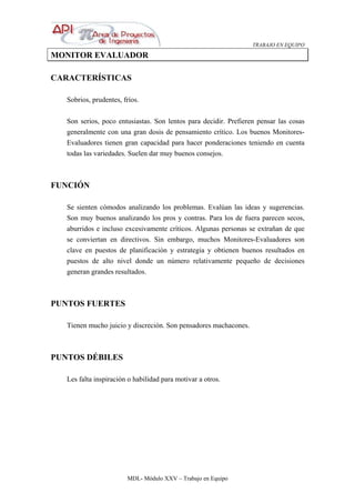 TRABAJO EN EQUIPO
MDL- Módulo XXV – Trabajo en Equipo
MONITOR EVALUADOR
CARACTERÍSTICAS
Sobrios, prudentes, fríos.
Son serios, poco entusiastas. Son lentos para decidir. Prefieren pensar las cosas
generalmente con una gran dosis de pensamiento crítico. Los buenos Monitores-
Evaluadores tienen gran capacidad para hacer ponderaciones teniendo en cuenta
todas las variedades. Suelen dar muy buenos consejos.
FUNCIÓN
Se sienten cómodos analizando los problemas. Evalúan las ideas y sugerencias.
Son muy buenos analizando los pros y contras. Para los de fuera parecen secos,
aburridos e incluso excesivamente críticos. Algunas personas se extrañan de que
se conviertan en directivos. Sin embargo, muchos Monitores-Evaluadores son
clave en puestos de planificación y estrategia y obtienen buenos resultados en
puestos de alto nivel donde un número relativamente pequeño de decisiones
generan grandes resultados.
PUNTOS FUERTES
Tienen mucho juicio y discreción. Son pensadores machacones.
PUNTOS DÉBILES
Les falta inspiración o habilidad para motivar a otros.
 