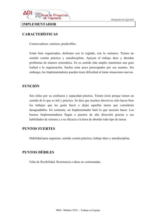 TRABAJO EN EQUIPO
MDL- Módulo XXV – Trabajo en Equipo
IMPLEMENTADOR
CARACTERÍSTICAS
Conservadores, sumisos, predecibles.
Están bien organizados, disfrutan con lo reglado, con lo rutinario. Tienen un
sentido común práctico y autodisciplina. Apoyan el trabajo duro y abordan
problemas de manera sistemática. En su sentido más amplio mantienen una gran
lealtad a la organización. Suelen estar poco preocupados por sus asuntos. Sin
embargo, los Implementadores pueden tener dificultad al tratar situaciones nuevas.
FUNCIÓN
Son útiles por su confianza y capacidad práctica. Tienen éxito porque tienen un
sentido de lo que es útil y práctico. Se dice que muchos directivos sólo hacen bien
los trabajos que les gusta hacer y dejan aquellas tareas que consideran
desagradables. En contraste, un Implementador hará lo que necesite hacer. Los
buenos Implementadores llegan a puestos de alta dirección gracias a sus
habilidades de sistema y a su eficacia a la hora de abordar todo tipo de tareas.
PUNTOS FUERTES
Habilidad para organizar, sentido común práctico, trabajo duro y autodisciplina.
PUNTOS DÉBILES
Falta de flexibilidad. Resistencia a ideas no contrastadas.
 