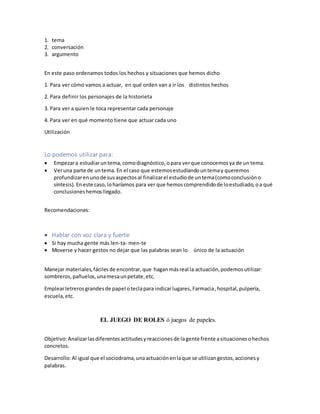 1. tema
2. conversación
3. argumento
En este paso ordenamos todos los hechos y situaciones que hemos dicho
1. Para ver cómo vamos a actuar, en qué orden van a ir los distintos hechos
2. Para definir los personajes de la historieta
3. Para ver a quien le toca representar cada personaje
4. Para ver en qué momento tiene que actuar cada uno
Utilización
Lo podemos utilizar para:
 Empezara estudiaruntema,comodiagnóstico,opara verque conocemosya de un tema.
 Veruna parte de untema.En el caso que estemosestudiandountemay queremos
profundizarenunode susaspectosal finalizarel estudiode untema(comoconclusióno
síntesis).Eneste caso,loharíamos para ver que hemoscomprendidode loestudiado,oa qué
conclusioneshemosllegado.
Recomendaciones:
 Hablar con voz clara y fuerte
 Si hay mucha gente más len-ta- men-te
 Moverse y hacer gestos no dejar que las palabras sean lo único de la actuación
Manejar materiales,fácilesde encontrar,que haganmásreal la actuación,podemosutilizar:
sombreros,pañuelos,unamesaunpetate,etc.
Emplearletrerosgrandesde papel oteclapara indicarlugares, Farmacia,hospital,pulpería,
escuela,etc.
EL JUEGO DE ROLES ó juegos de papeles.
Objetivo:Analizarlasdiferentesactitudesyreaccionesde lagente frente asituacionesohechos
concretos.
Desarrollo:Al igual que el sociodrama,unaactuaciónenlaque se utilizangestos,accionesy
palabras.
 